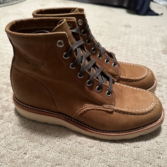As new men’s Baldwin Chippewa moc toe tan leather wedge boots size 7.5 D - Picture 2 of 16